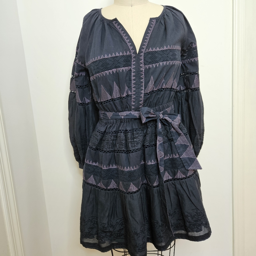 Anthropologie Sky Embroidered 3/4 Sleeve Blue Purple Mini Dress